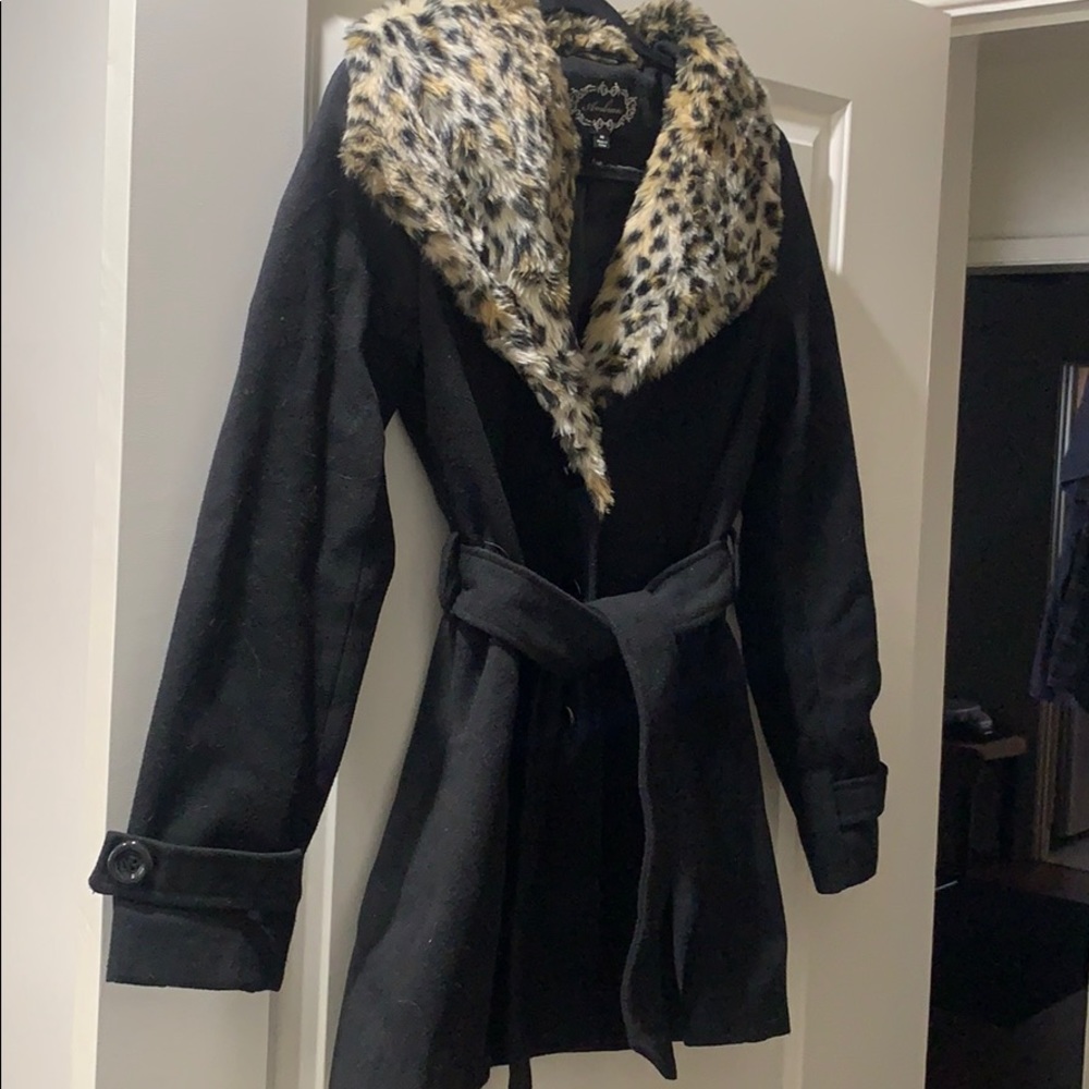 Black pea coat with faux fur leopard print trim